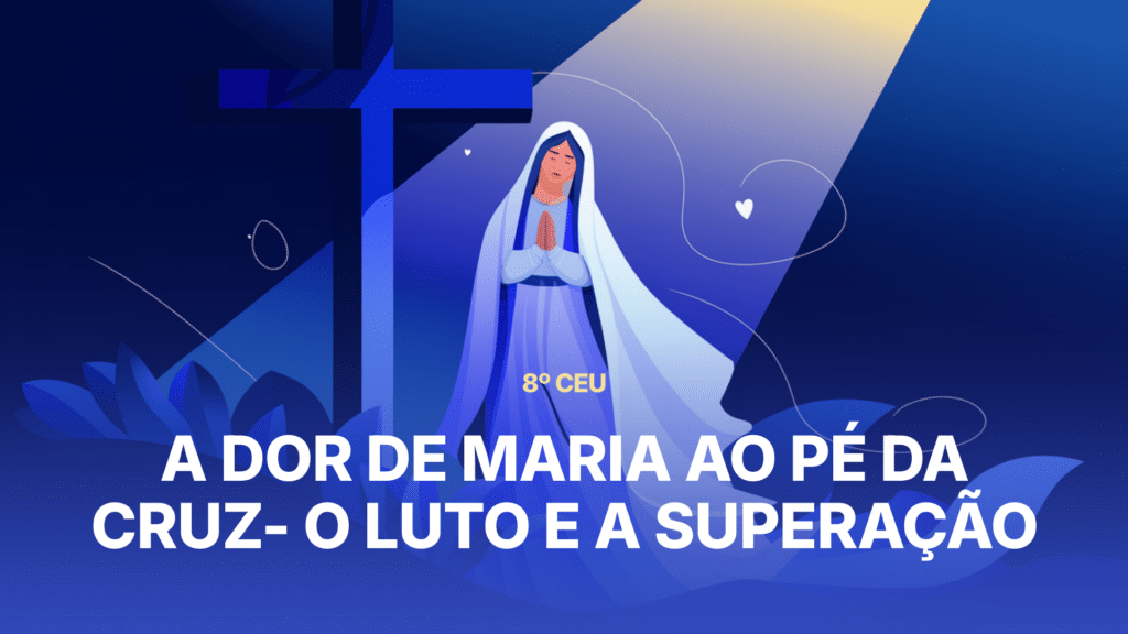 Mãe Maria em frente à cruz, expressando tristeza e esperança.