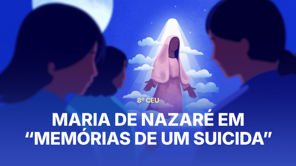 Imagem de Maria de Nazaré cercada por nuvens suaves e raios de luz.