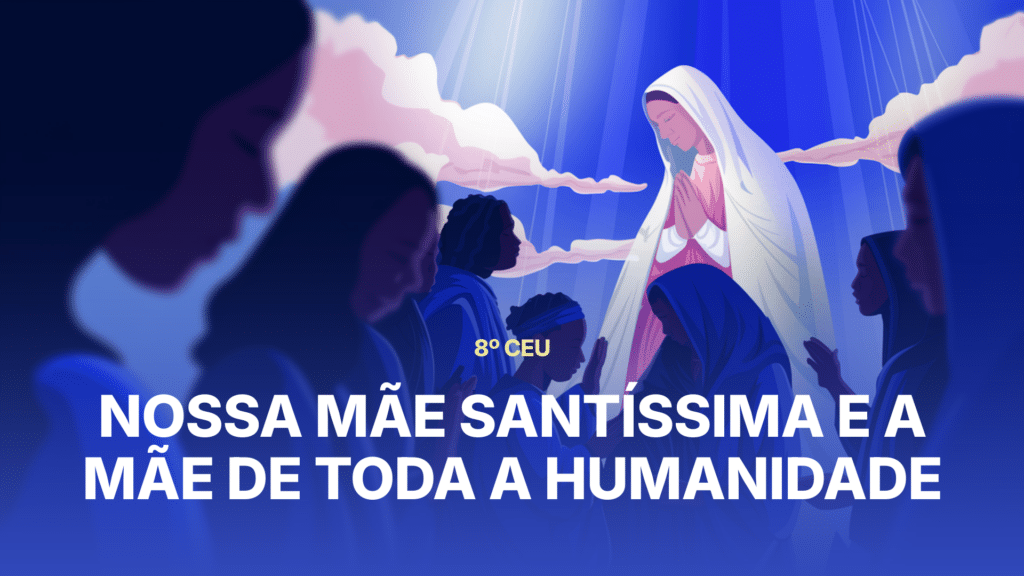 Imagem serena de Nossa Senhora rodeada por luz suave e figuras diversas buscando conforto.